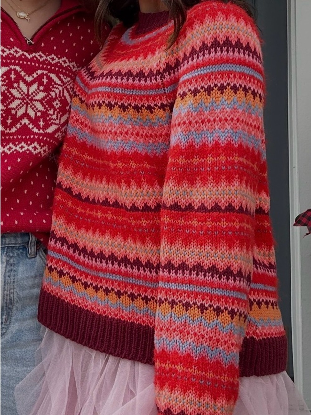 American Eagle Outfitters Red Multicolor Fair Isle Crewneck Sweater